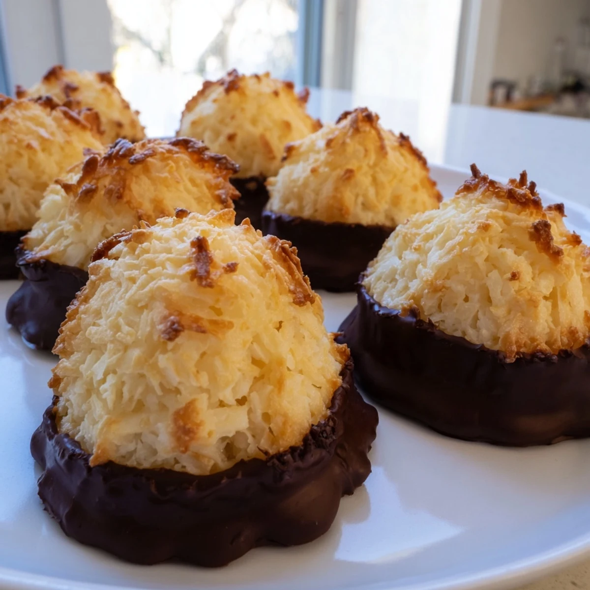 Chewy coconut macaroons dipped in rich melted chocolate arranged on parchment paper for serving