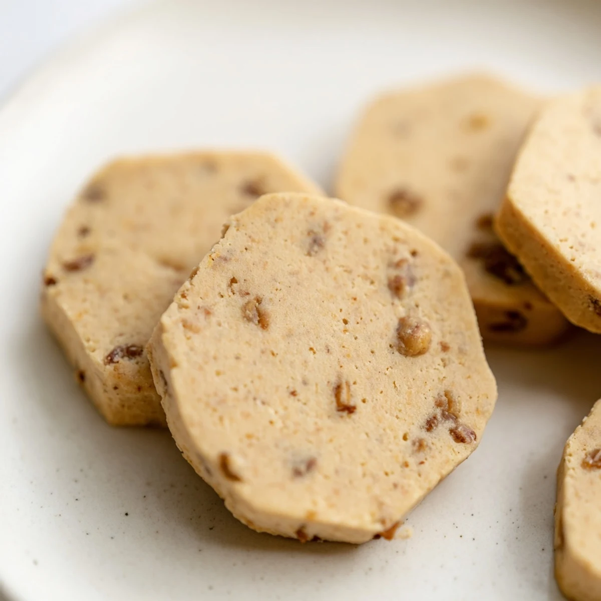 Golden espresso shortbread cookies with melty toffee chunks on a rustic white plate