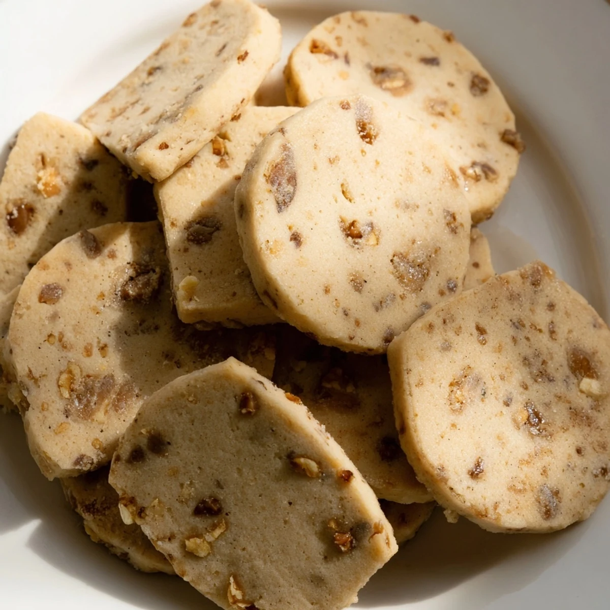 Espresso shortbread cookies studded with glistening toffee bits arranged on parchment paper