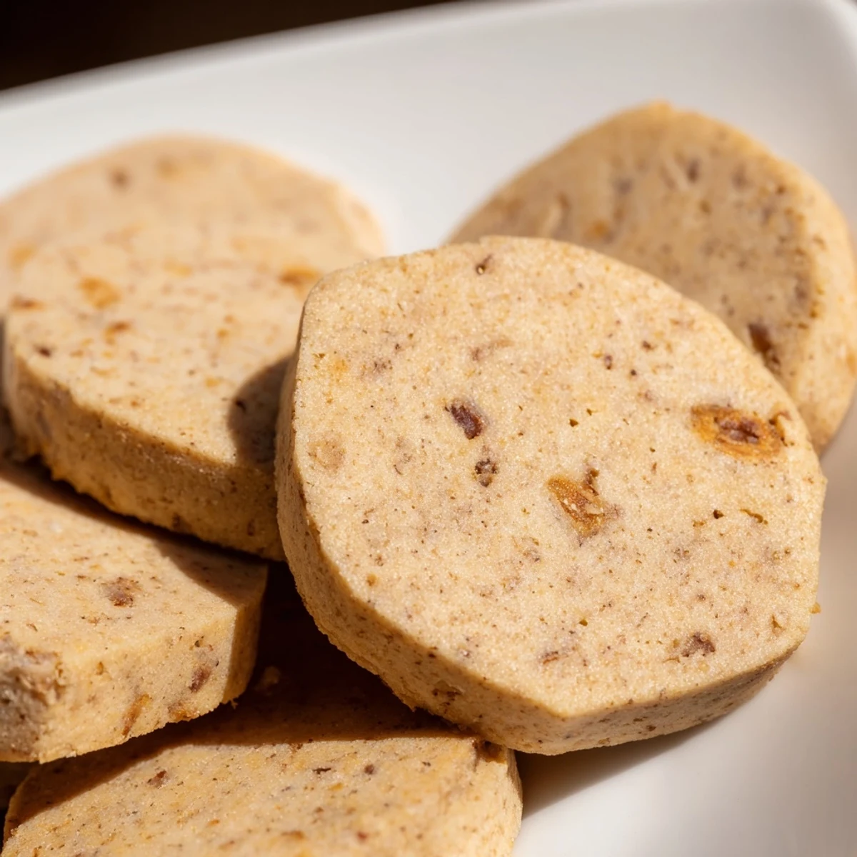 Buttery espresso shortbread cookies with caramelized toffee pieces stacked beside a coffee mug