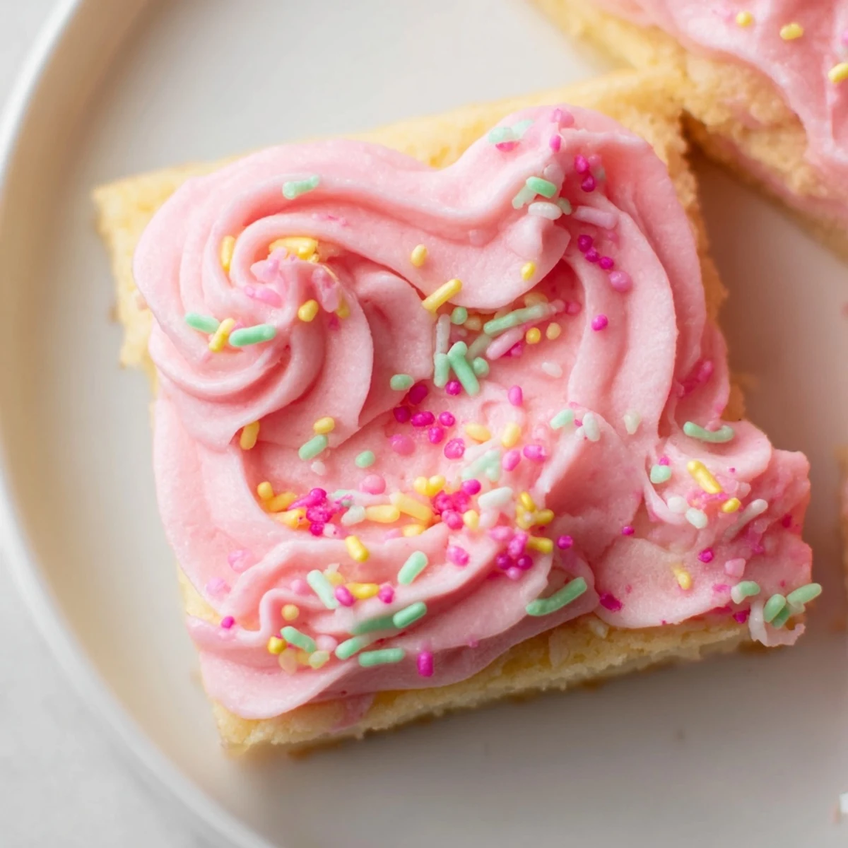 Soft Easter sugar cookie bars with swirled pastel frosting and colorful sprinkles on a white platter