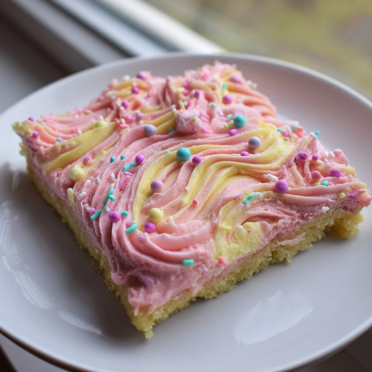 Thick-cut Easter sugar cookie bars topped with creamy pink frosting and festive rainbow sprinkles