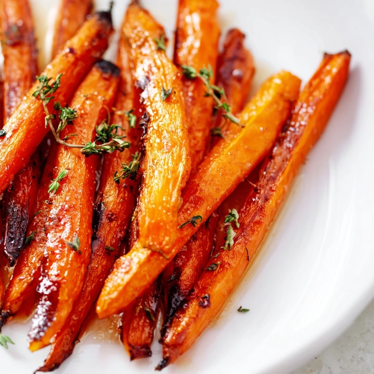 Golden honey roasted carrots glistening with caramelized edges on a white serving platter