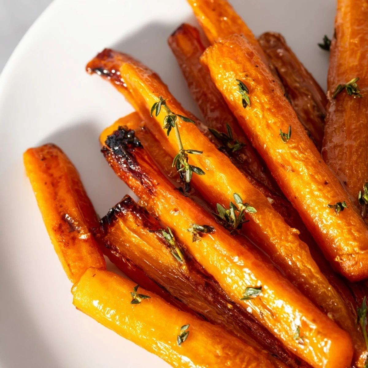 Tender honey roasted carrots topped with fresh herbs in a rustic ceramic dish