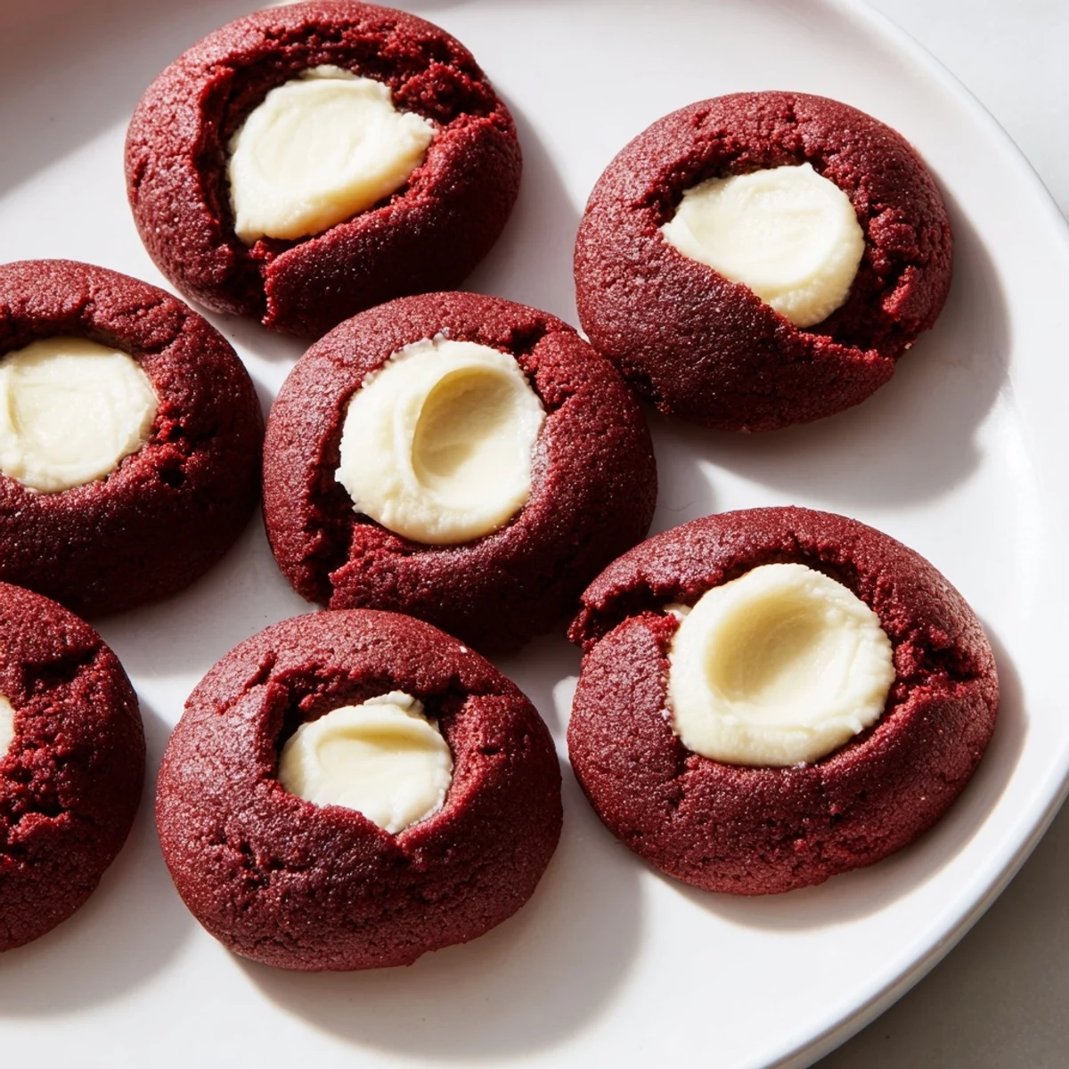 Red velvet thumbprint cookies with creamy cheesecake centers on a rustic baking sheet