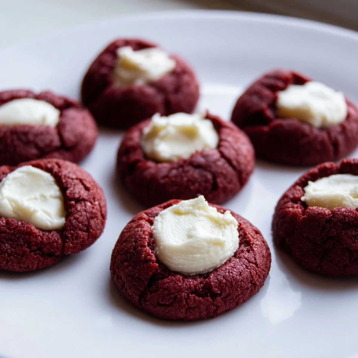 Glossy red velvet thumbprint cookies dusted with powdered sugar on a festive holiday platter