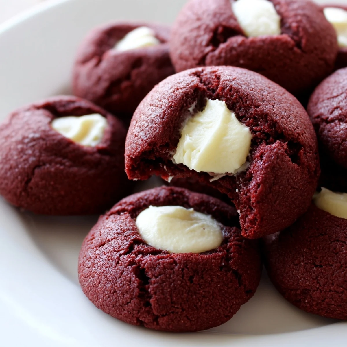 Soft red velvet thumbprint cookies crowned with swirls of vanilla cream cheese filling