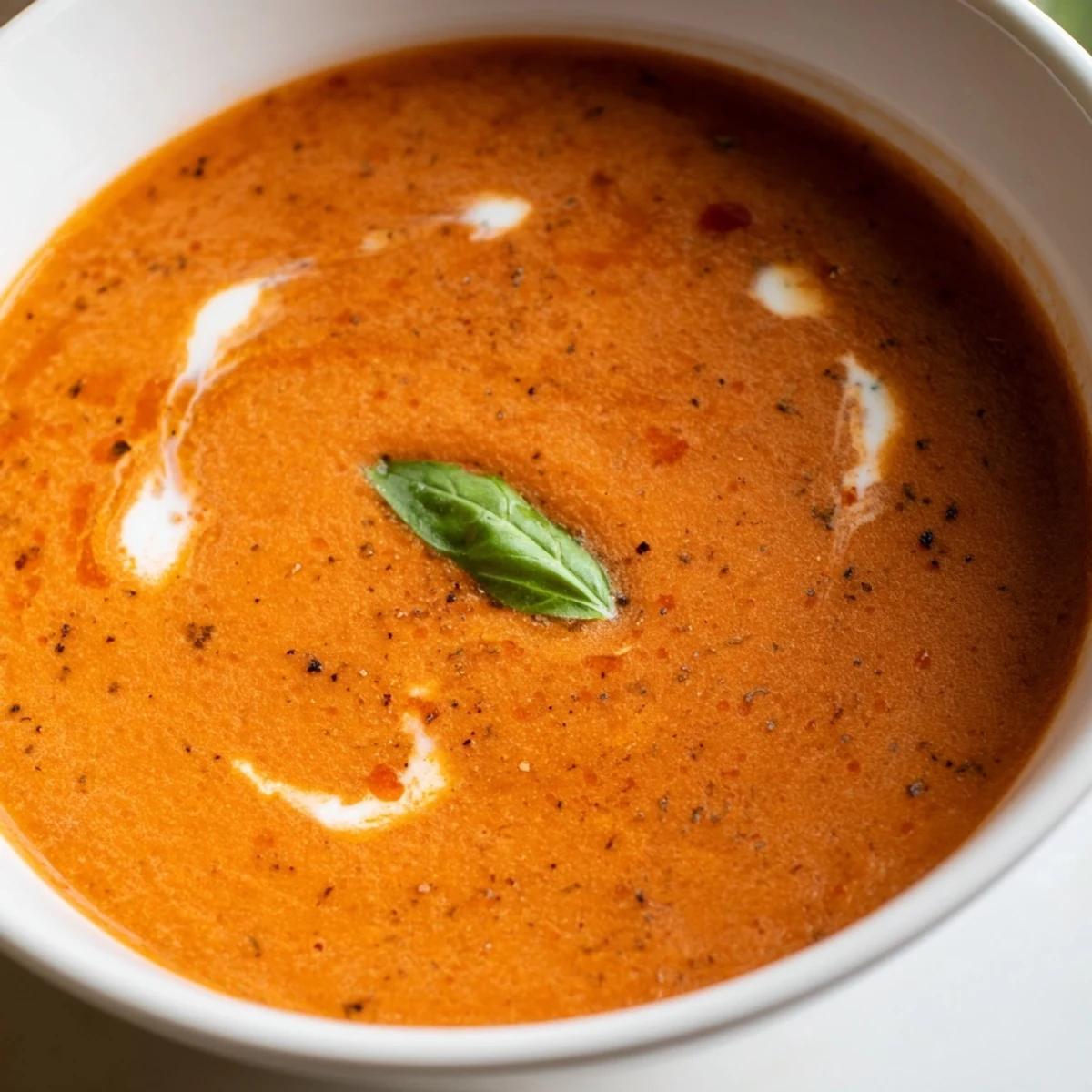 Smoky fire roasted tomato soup in a white bowl with fresh basil garnish