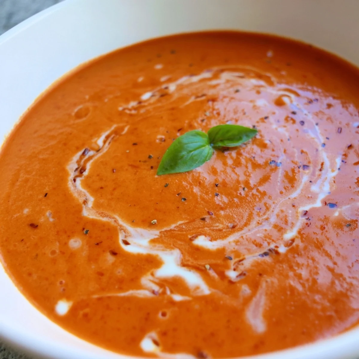 Creamy fire roasted tomato soup served alongside a golden grilled cheese sandwich
