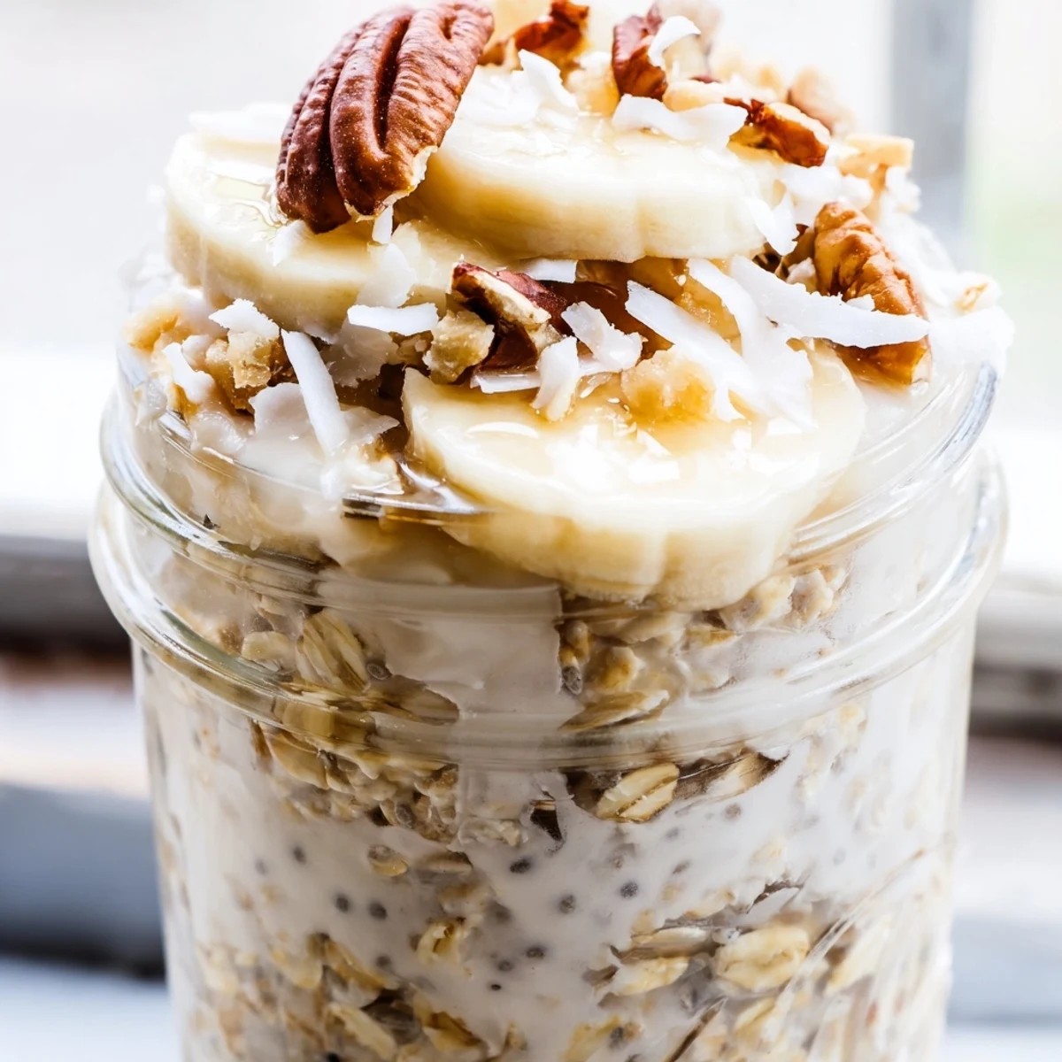 Creamy coconut cream pie overnight oats topped with toasted coconut and pecans in a mason jar