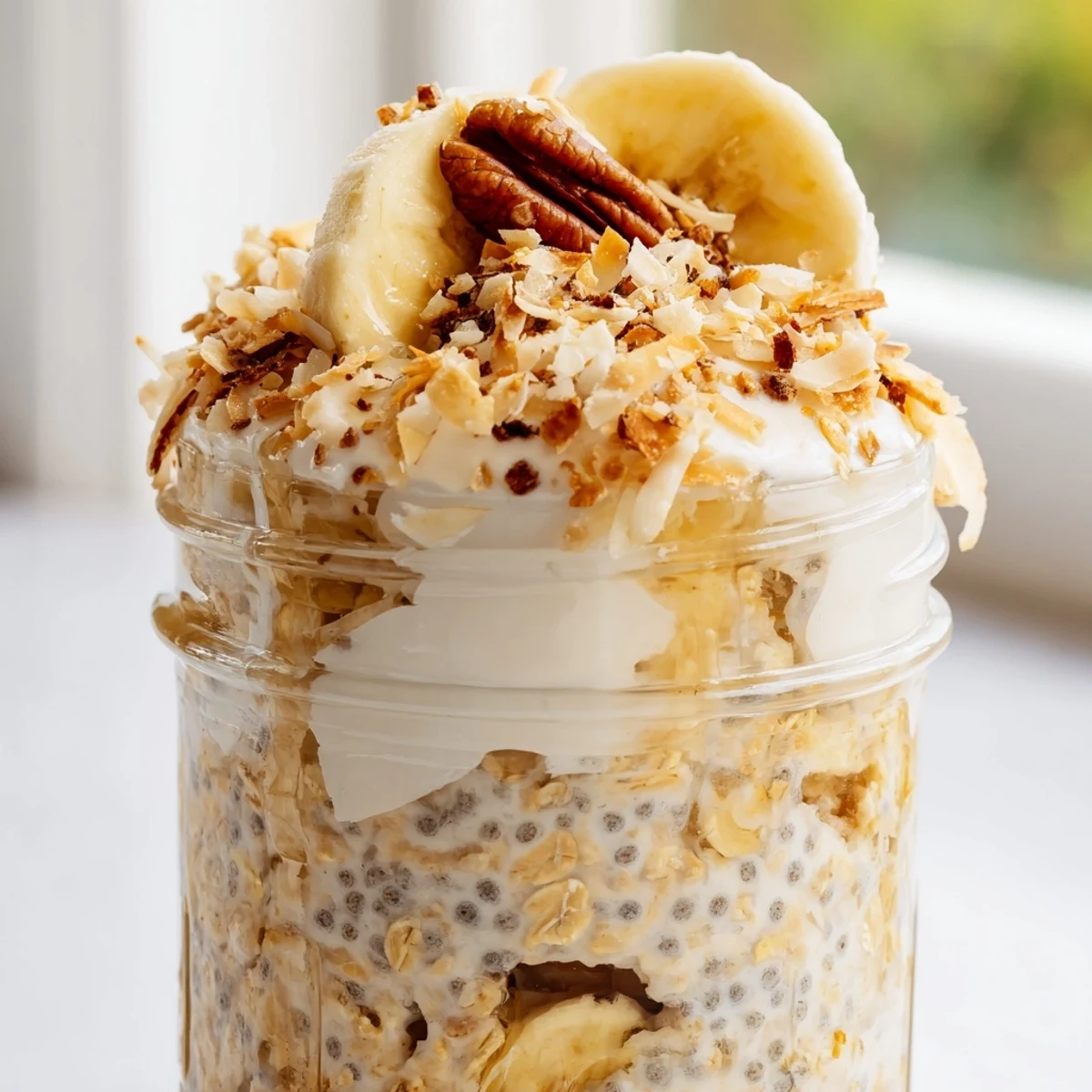 Chilled coconut cream pie overnight oats served in glass jars with banana slices and crunchy almonds