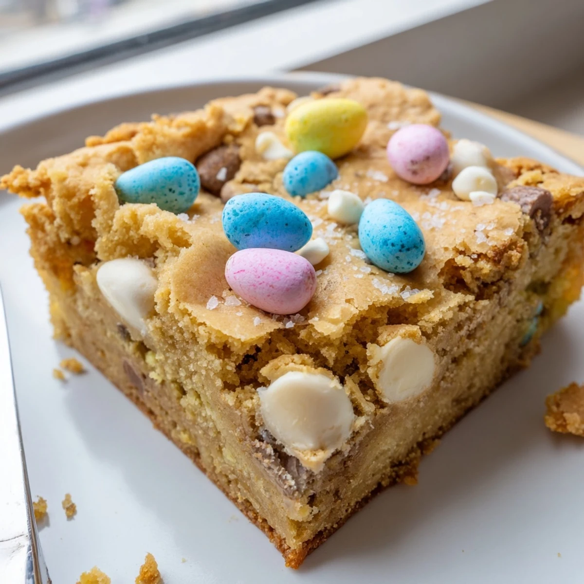 Golden Mini Cadbury Easter Egg blondies with colorful candy pieces scattered on top