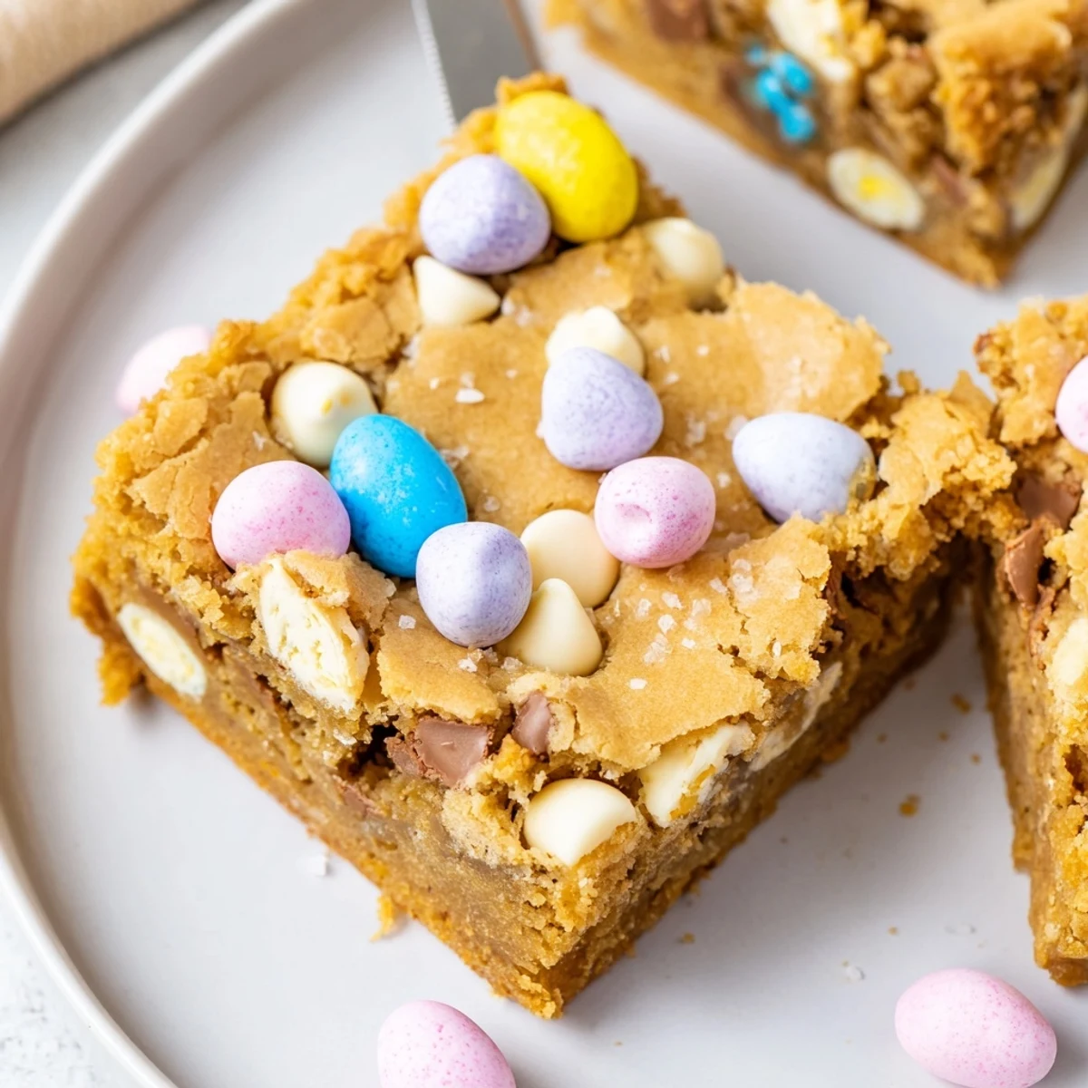 Chewy Mini Cadbury Easter Egg blondies cut into squares with pastel eggs