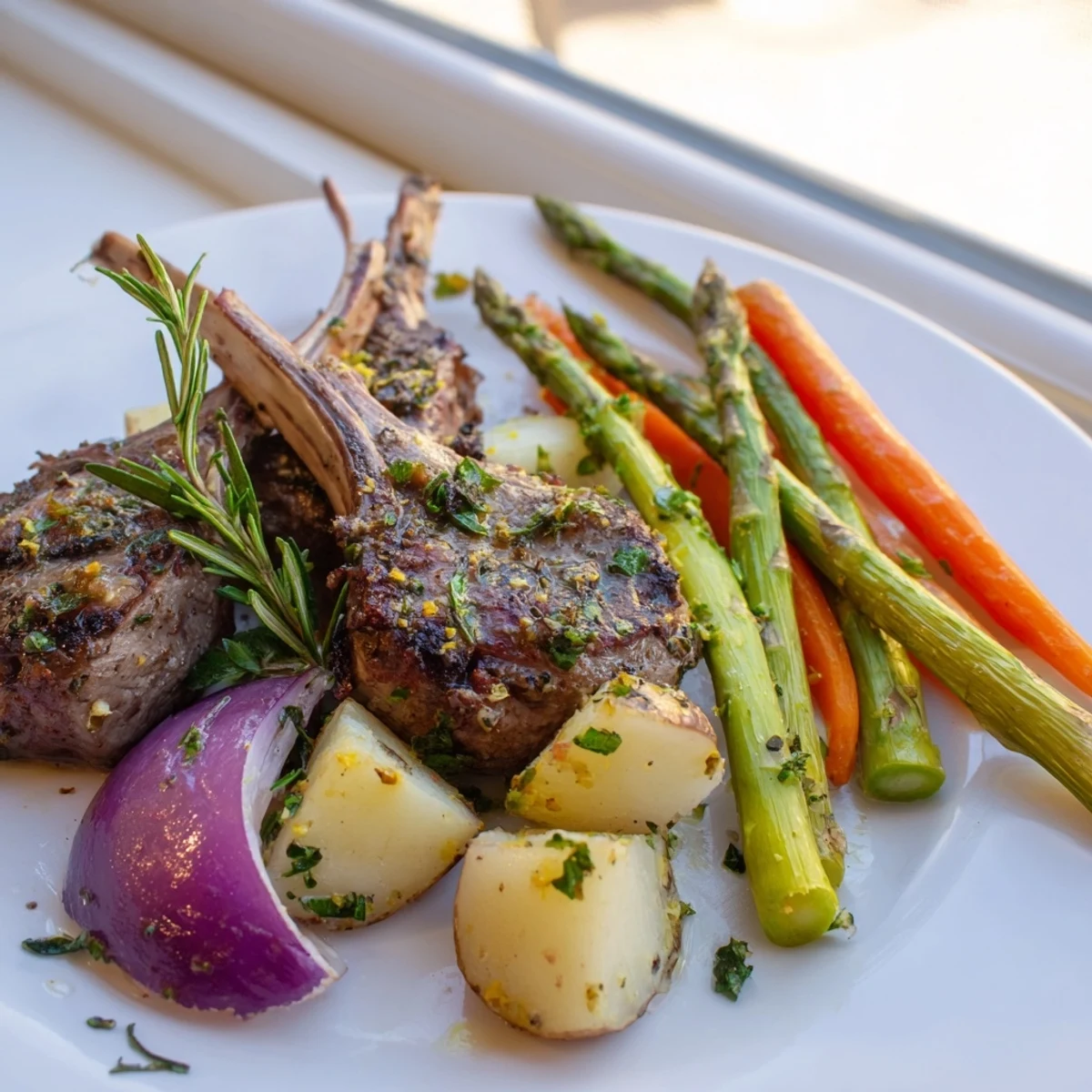 Golden herb-crusted lamb chops and roasted vegetables on a sheet pan for Easter dinner