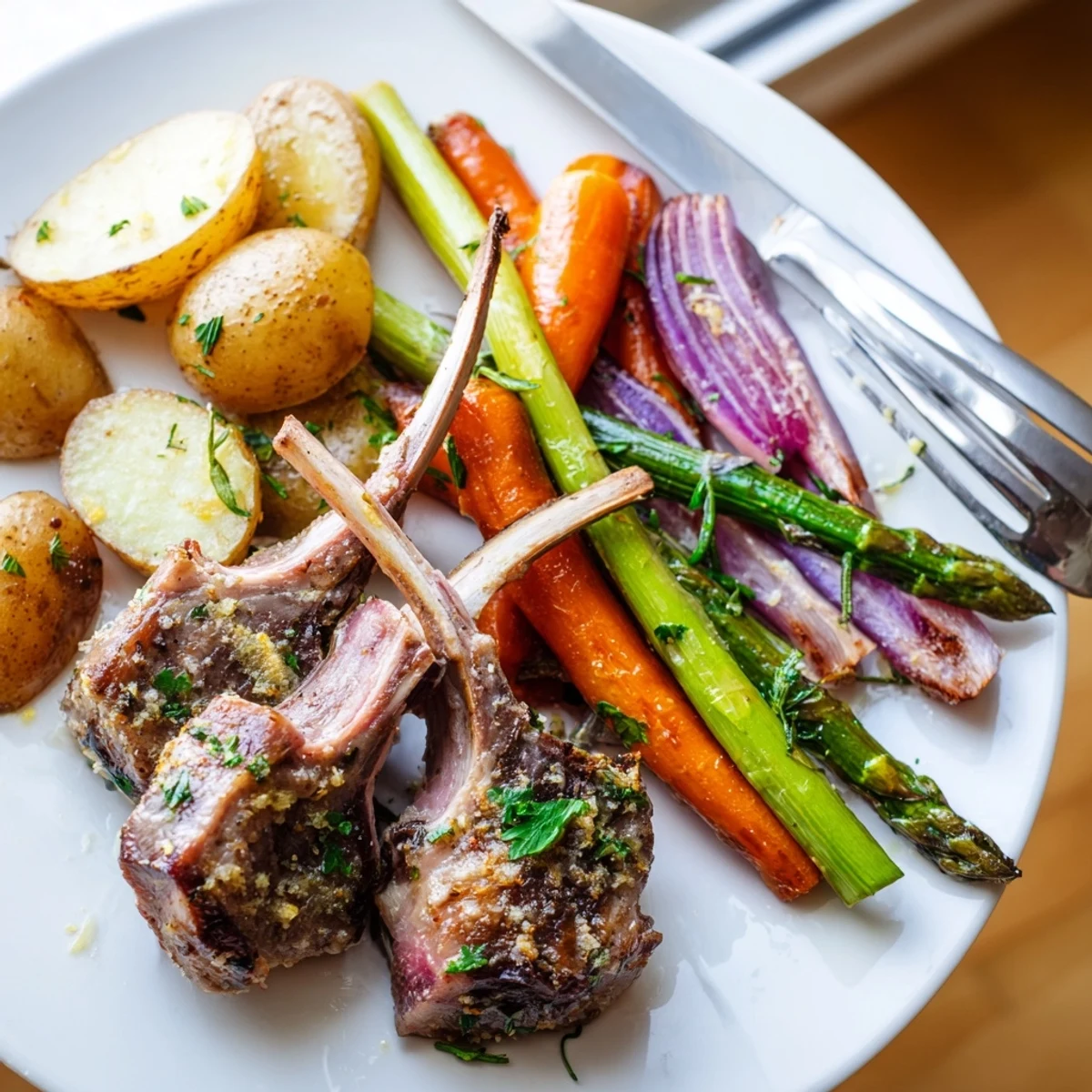 Crispy baby potatoes and tender asparagus surround juicy lamb chops on an Easter sheet pan dinner