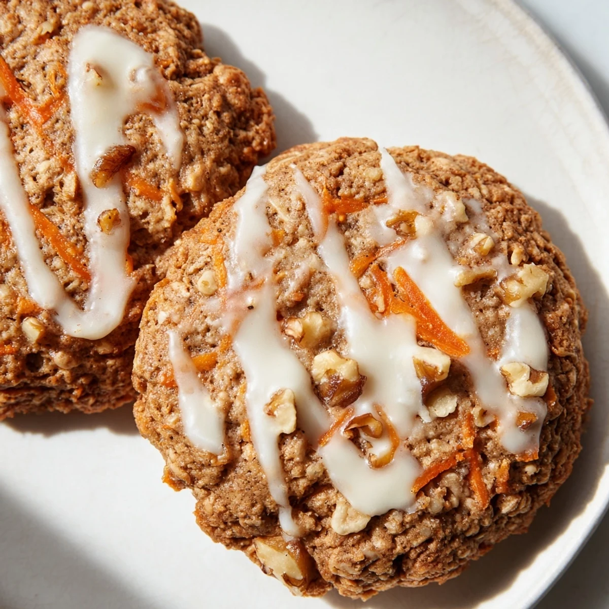 Chewy brown butter carrot cake cookies with golden edges, studded with grated carrots and crunchy walnuts