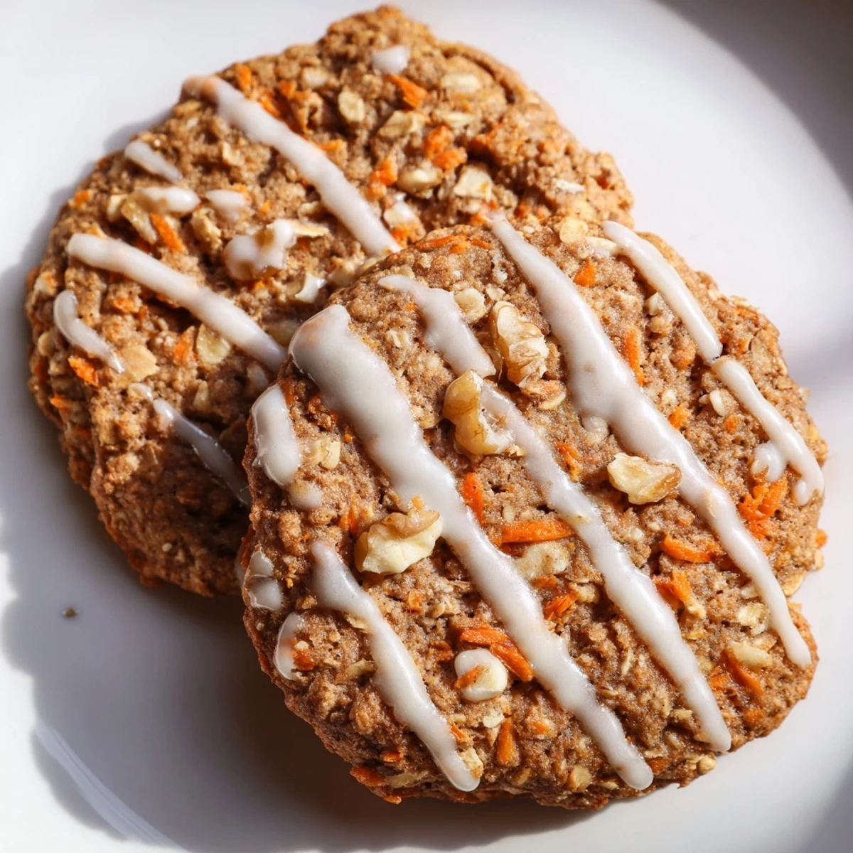 Soft chewy brown butter carrot cake cookies drizzled with tangy cream cheese glaze on rustic parchment