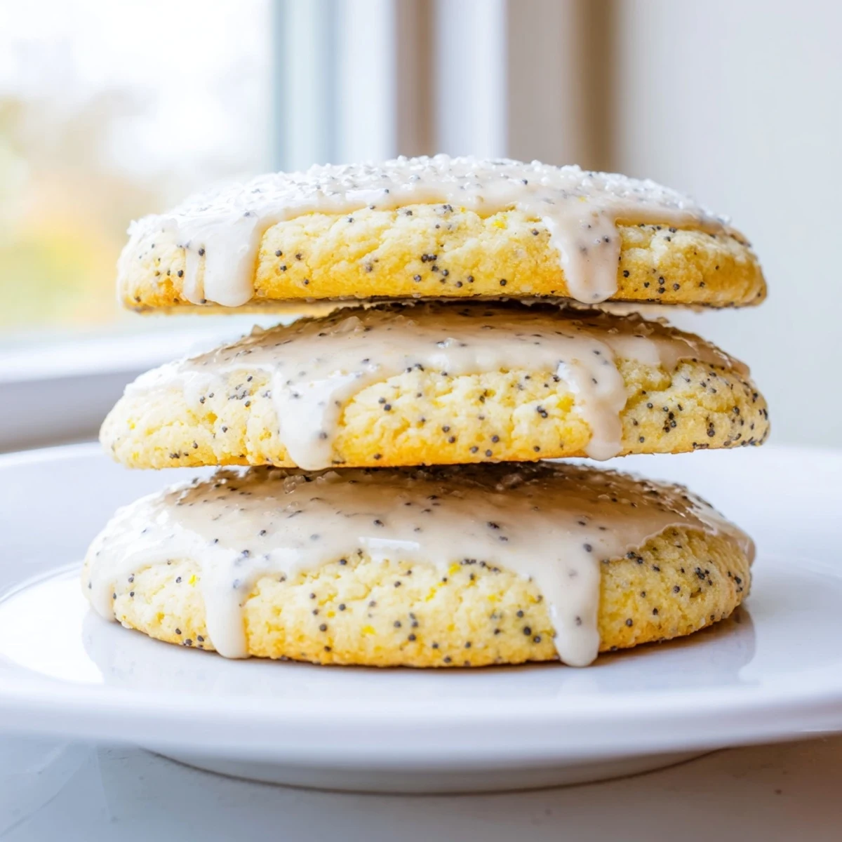 Soft lemon poppy seed cookies drizzled with sweet citrus glaze stacked on cooling rack