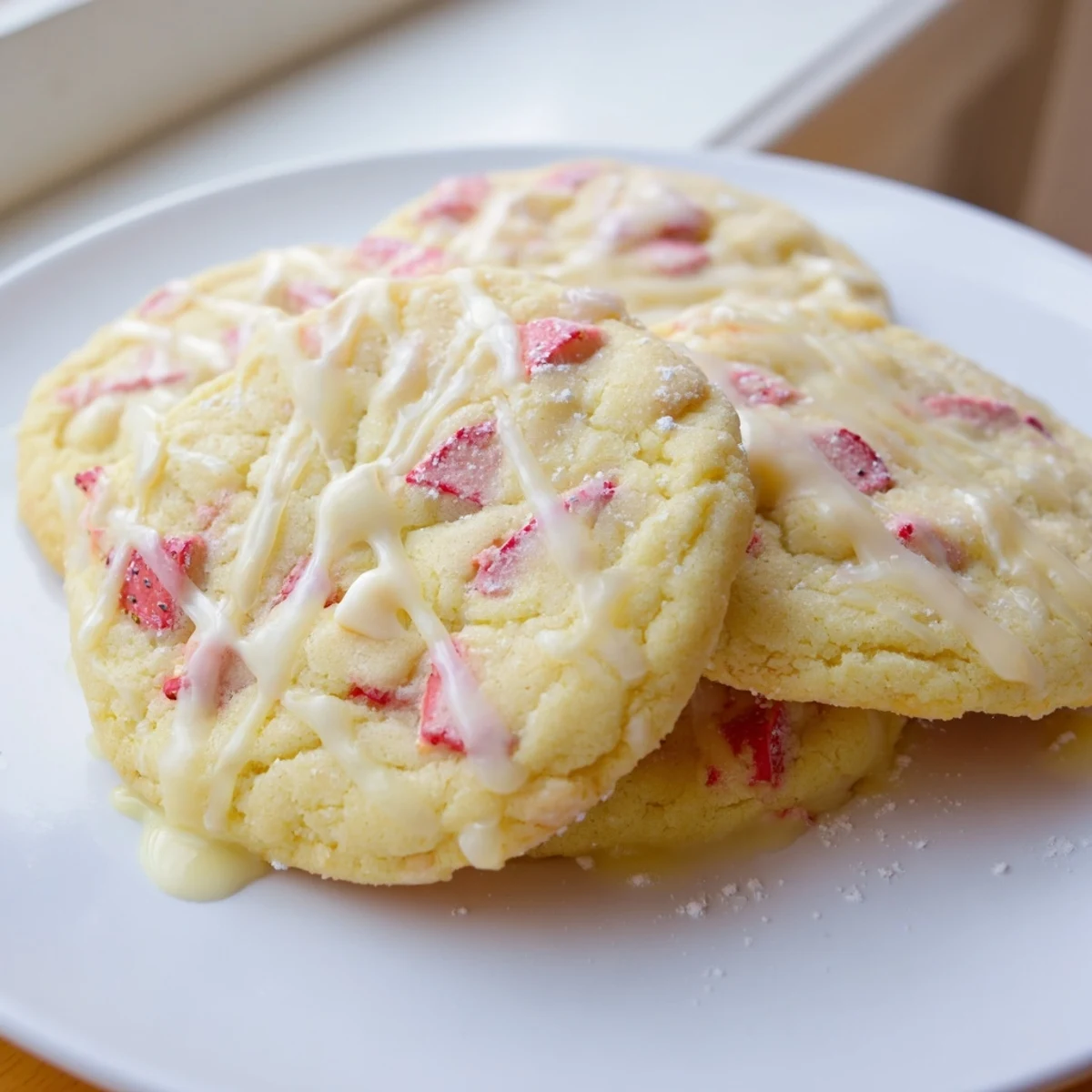 Soft strawberry lemonade cookies with pink flecks drizzled in tangy citrus glaze