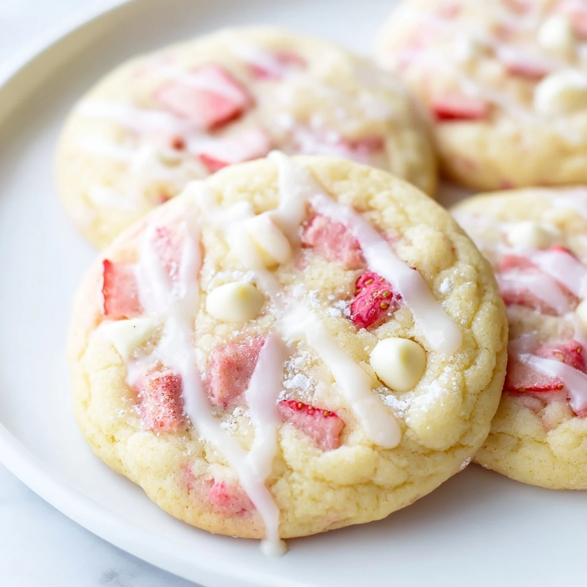 Chewy strawberry lemonade cookies studded with fresh berries on a rustic baking sheet