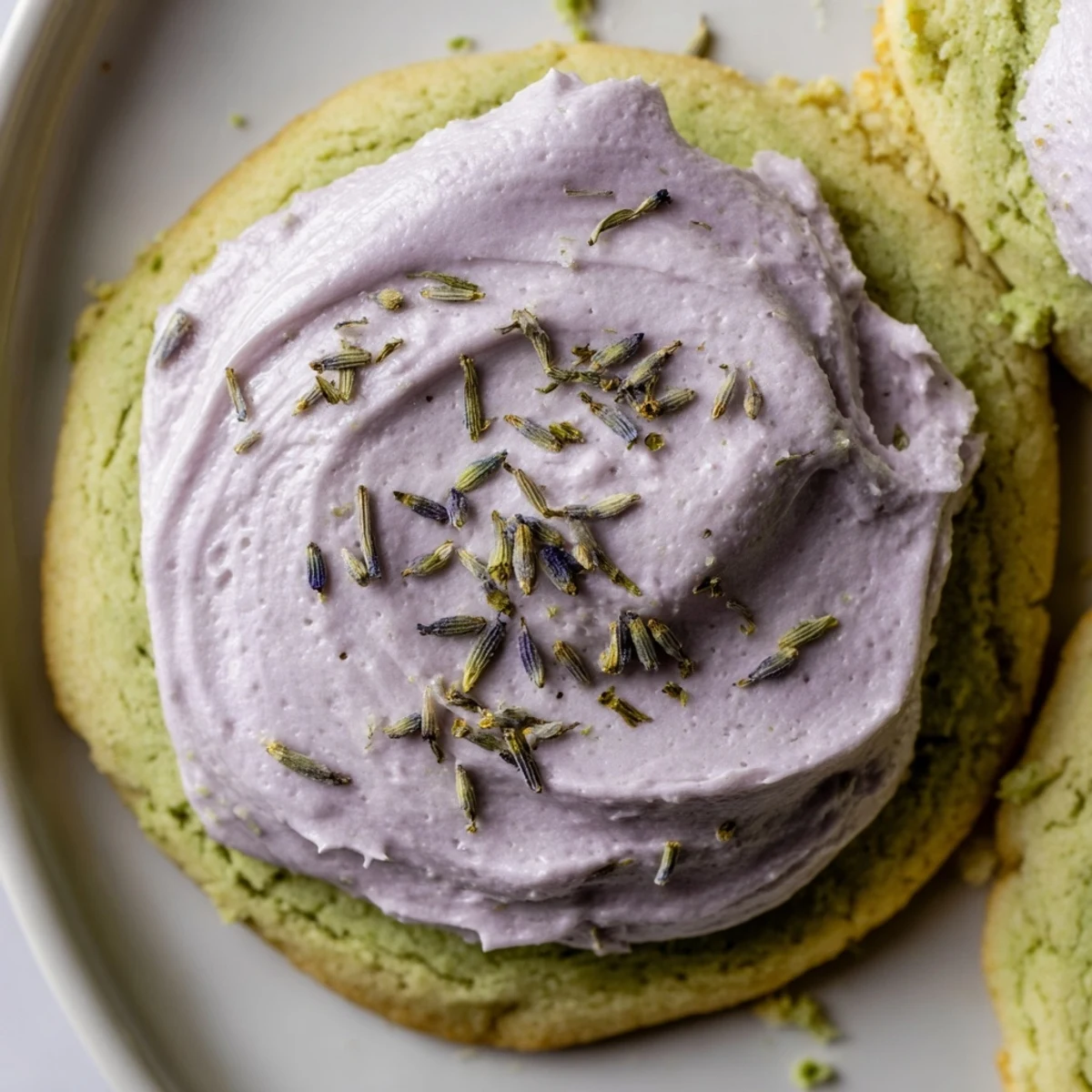 Soft green matcha sugar cookies with swirled lavender frosting on a rustic ceramic plate