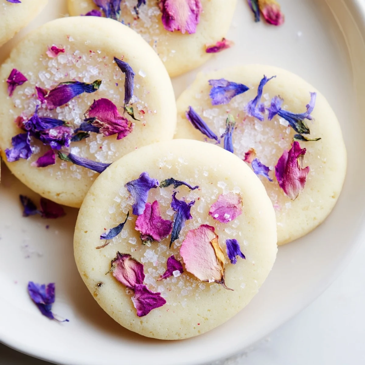 Golden Spring Blossom Cookies topped with colorful edible flowers on a rustic white ceramic plate