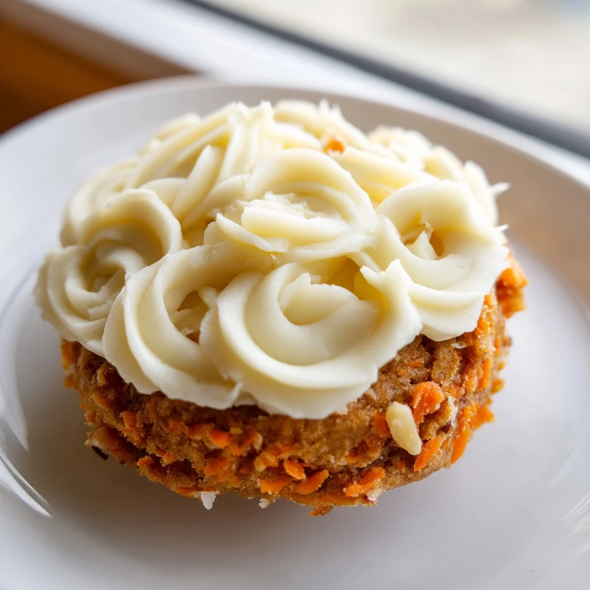 Soft Crumbl carrot cake cookies with swirled cream cheese frosting on a rustic white plate