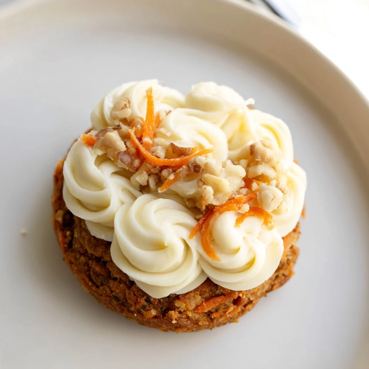 Thick spiced carrot cake cookies topped with fluffy cream cheese frosting and chopped walnut garnish