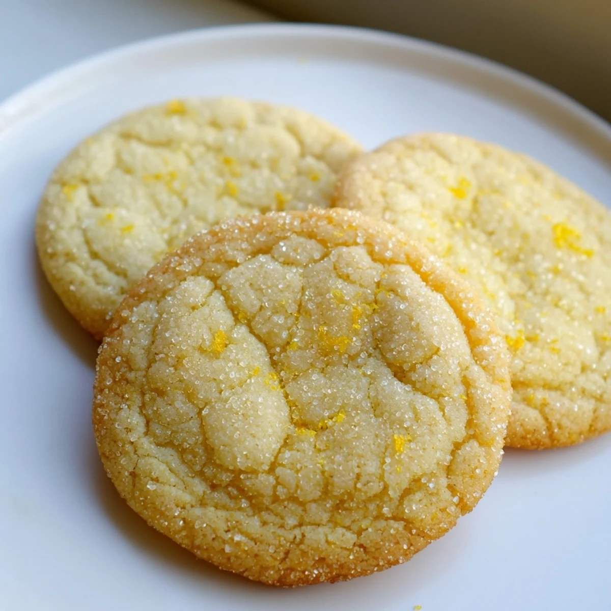 Chewy lemon sugar cookies arranged on a rustic white serving plate