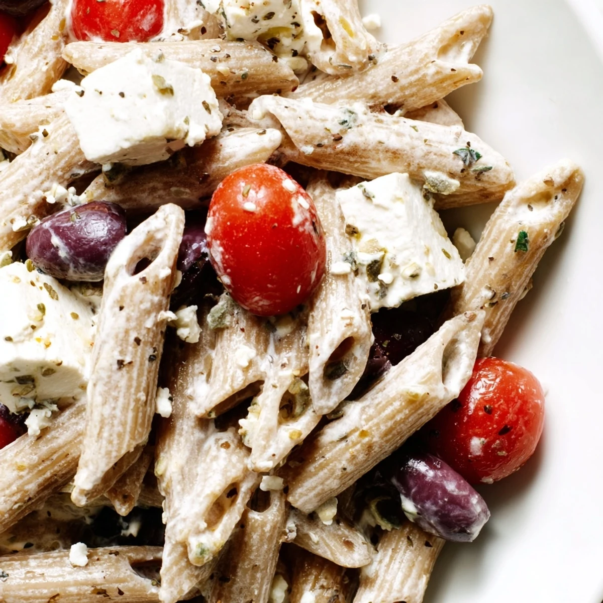 Colorful High Protein Greek Pasta Salad loaded with crunchy vegetables, feta, and tender chicken in a creamy yogurt dressing