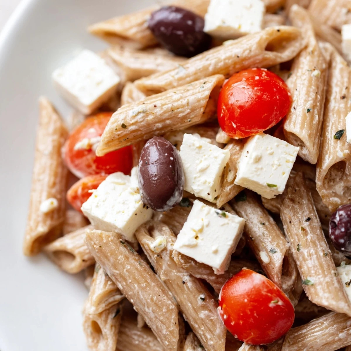 High Protein Greek Pasta Salad in a rustic bowl featuring ripe tomatoes, cucumber, olives, and cubed feta cheese