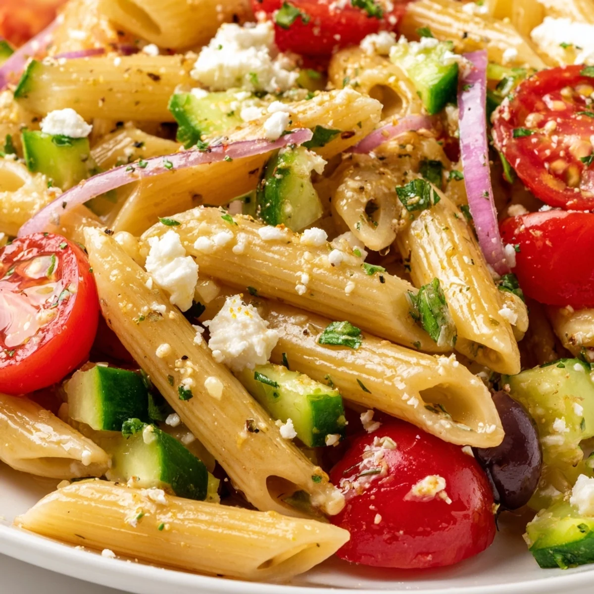 Colorful Greek pasta salad with crisp cucumbers, ripe tomatoes, and tangy feta cheese in a bowl