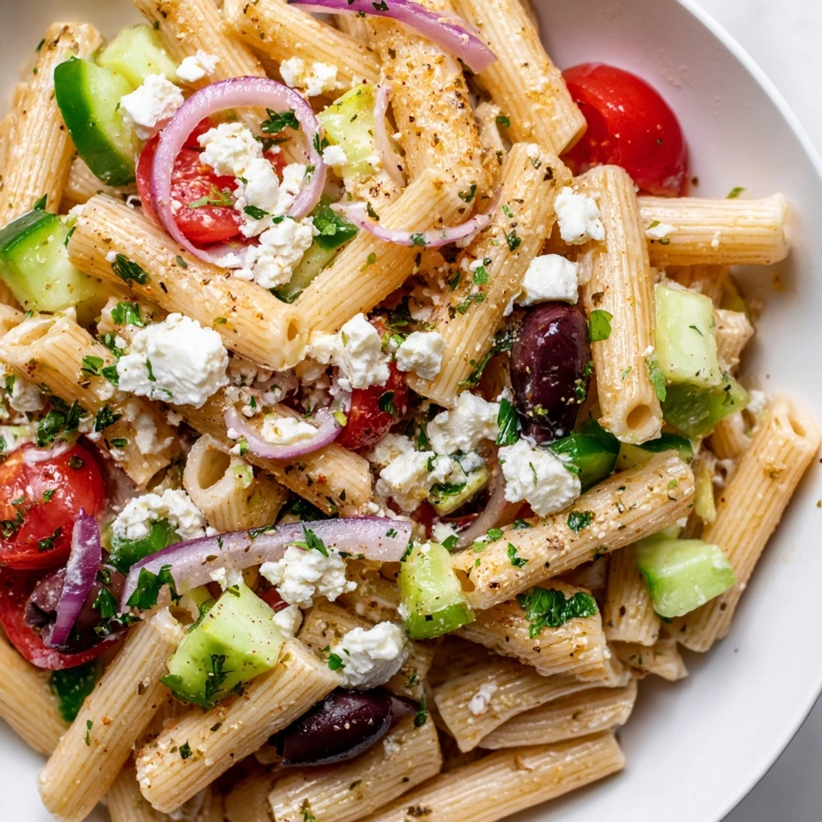 Creamy feta and fresh vegetables tossed in zesty herb dressing over chilled Greek pasta salad