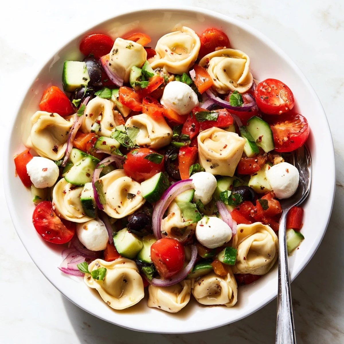 Colorful tortellini pasta salad in a bowl with cherry tomatoes, cucumber, and zesty Italian dressing