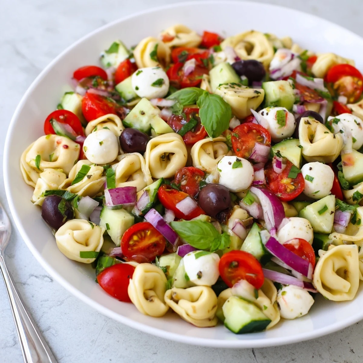 Cheese tortellini pasta salad tossed with crisp vegetables and mozzarella in a white serving dish