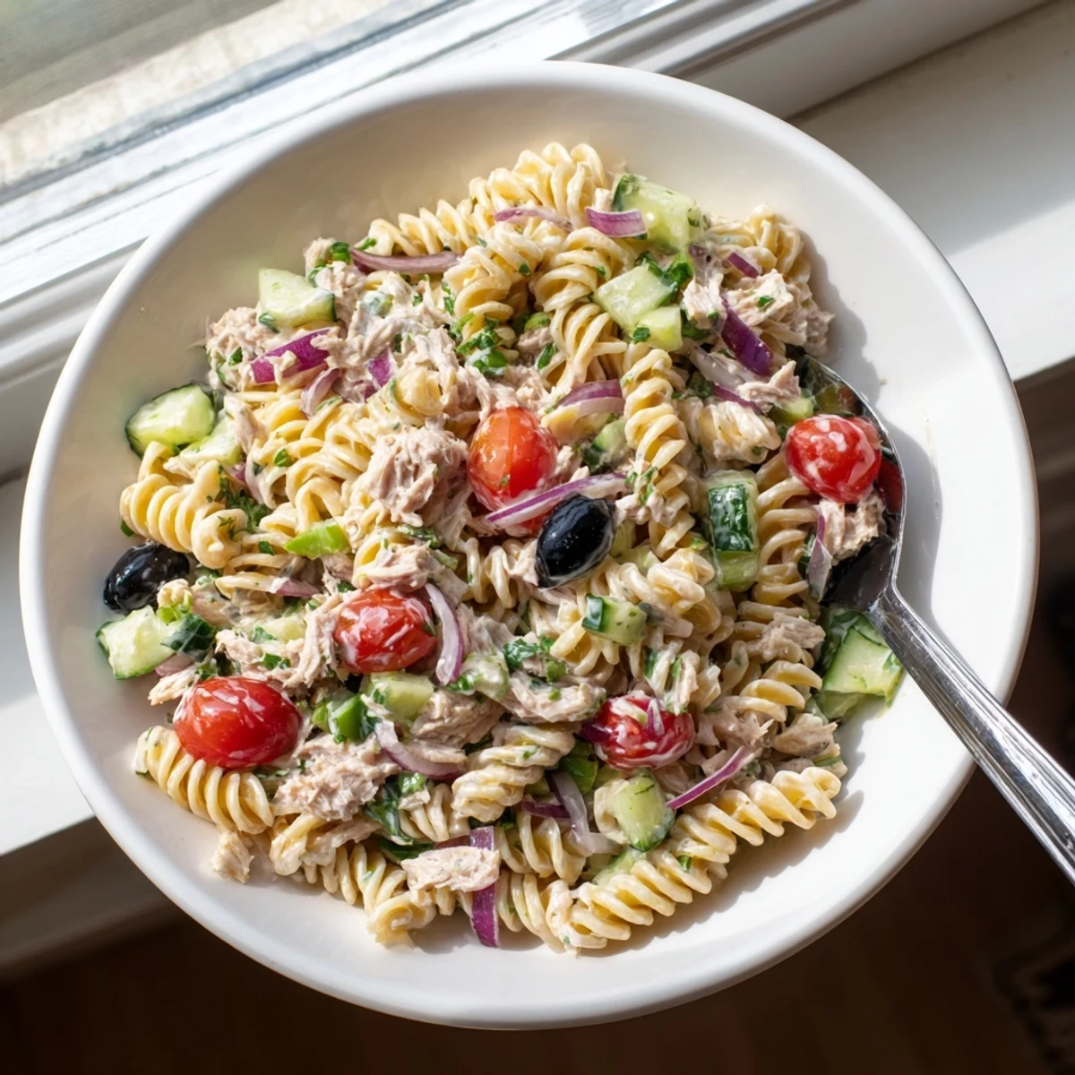 Creamy tuna pasta salad in a white bowl with cherry tomatoes and crisp celery