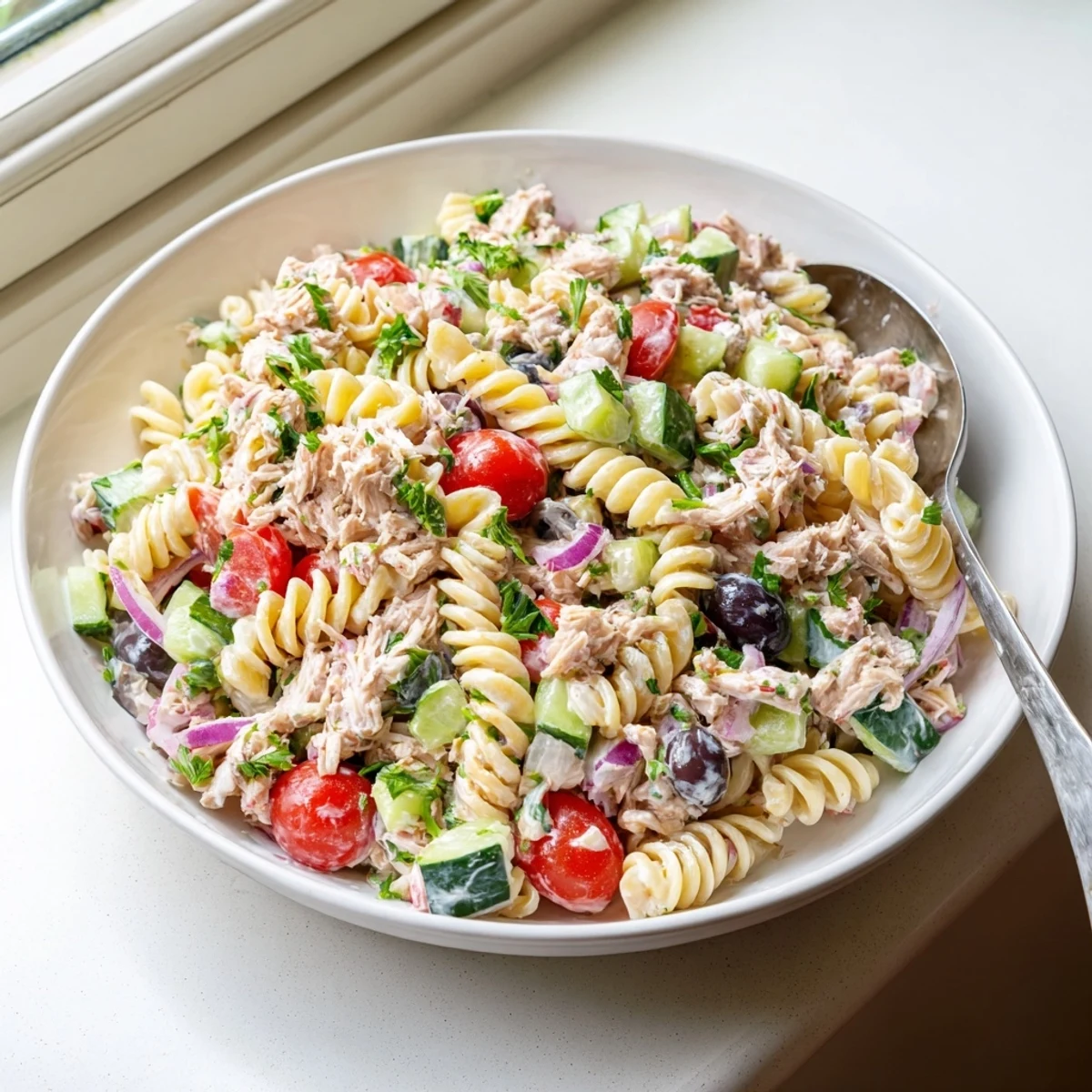 Chilled tuna pasta salad topped with black olives and fresh parsley garnish