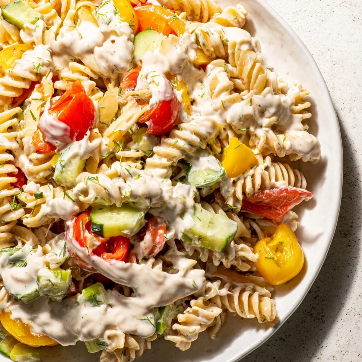 Creamy ranch pasta salad in a serving bowl with colorful vegetables and fresh herbs
