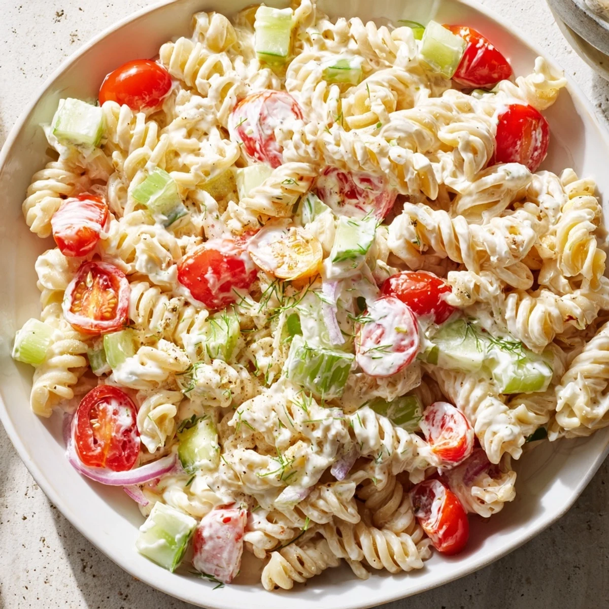 Chilled creamy ranch pasta salad featuring crisp cucumber tomatoes and tender rotini pasta