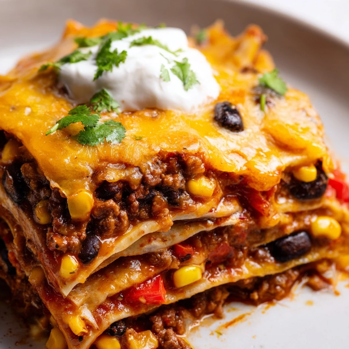 Golden melted cheese tops this hearty Mexican lasagna with layers of seasoned beef and beans