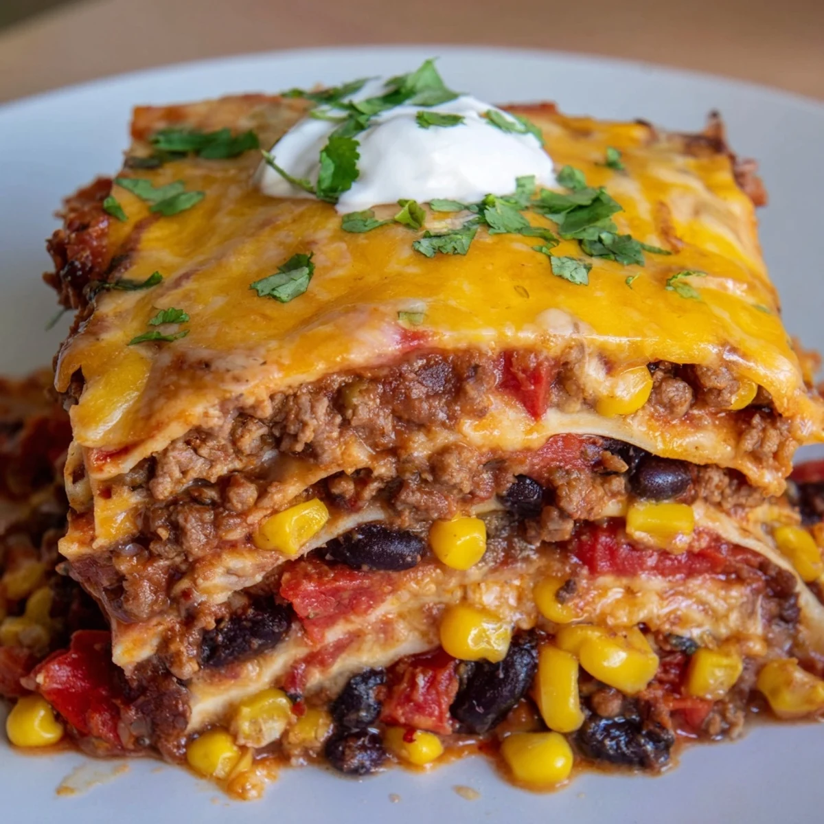 Layers of spiced ground beef beans and melted cheese in this bubbling Mexican lasagna