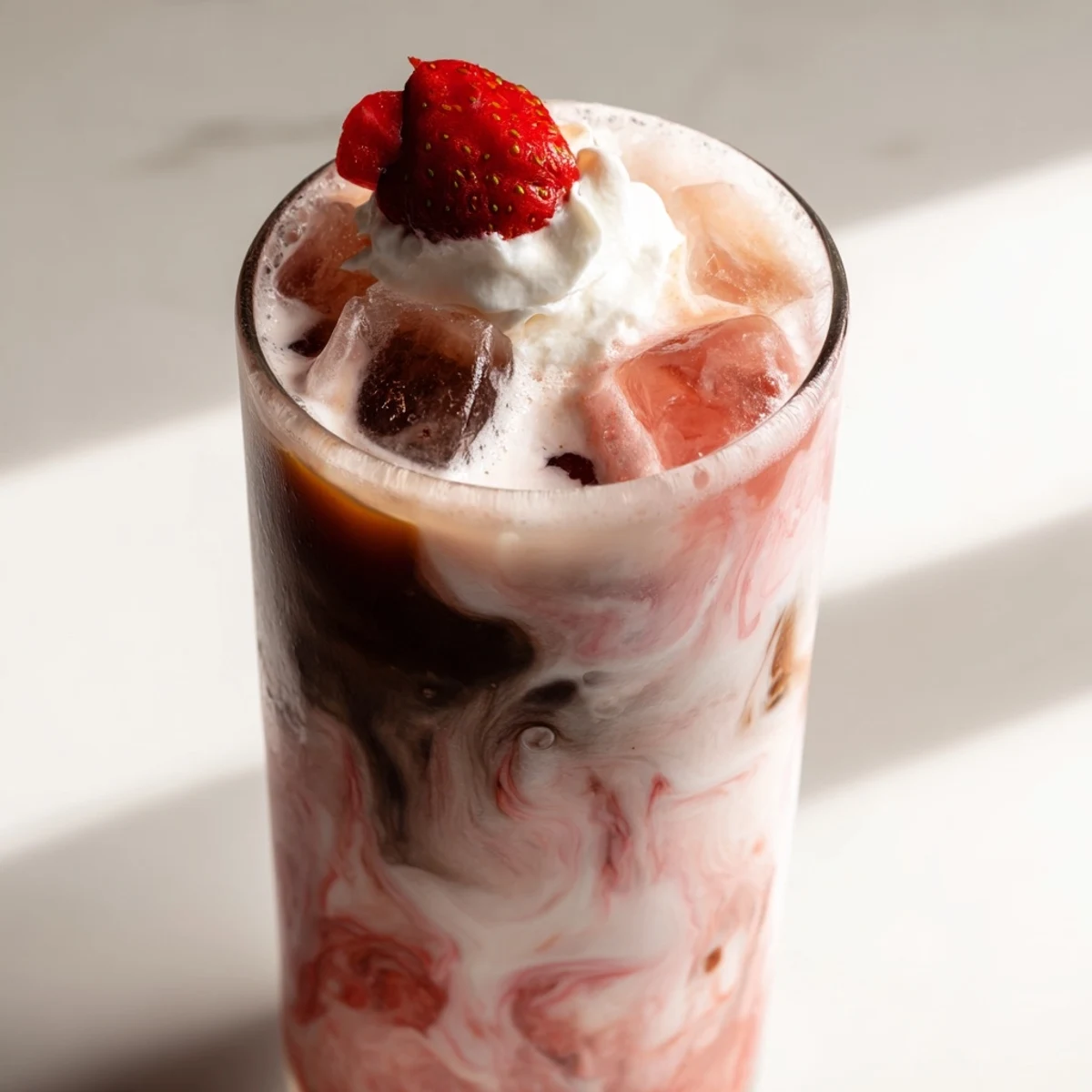 Creamy strawberry cold latte served over ice with whipped cream topping and fresh berry garnish