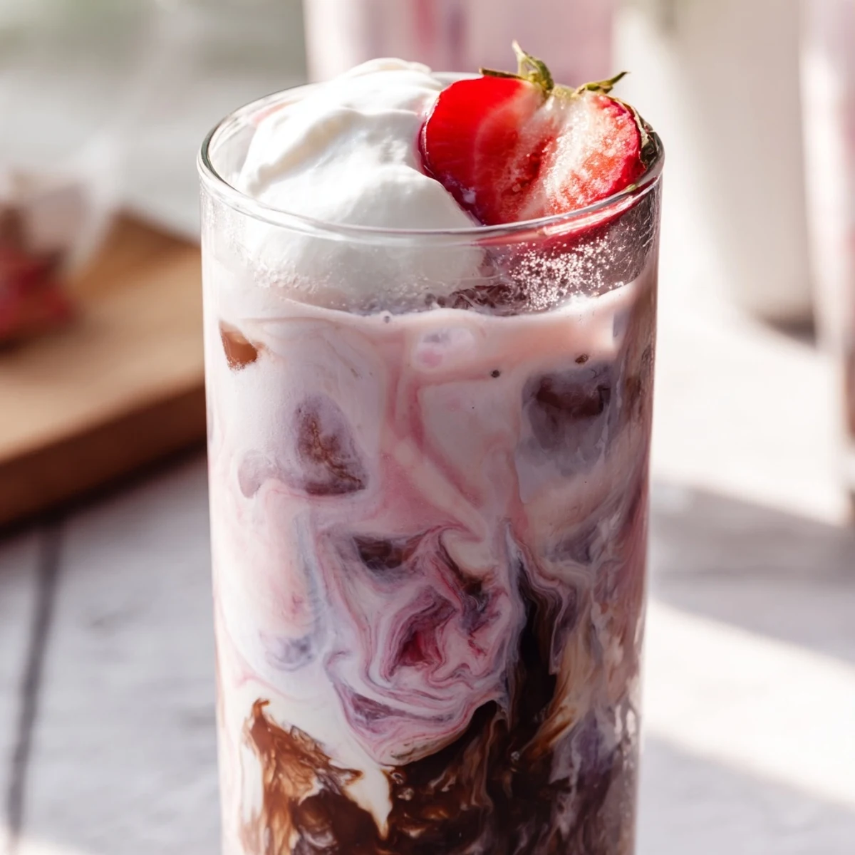 Refreshing strawberry cream latte in a tall glass showing beautiful layered coffee and milk swirls