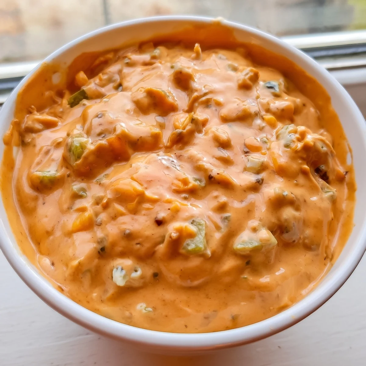 Creamy buffalo pickle dip in a serving bowl surrounded by crunchy chips and fresh veggie sticks for dipping
