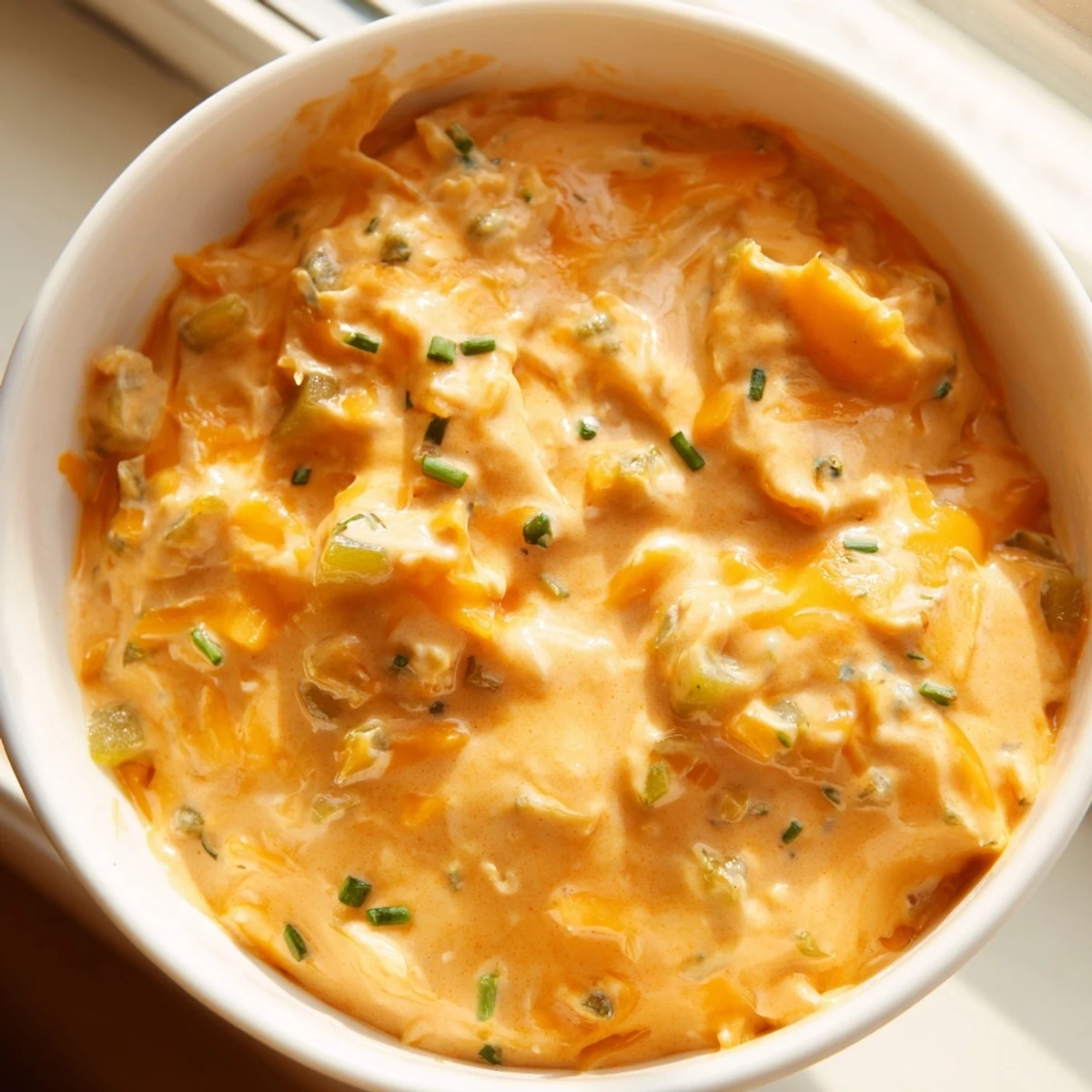 Tangy buffalo pickle dip topped with chopped chives and pickle slices ready for game day snacking