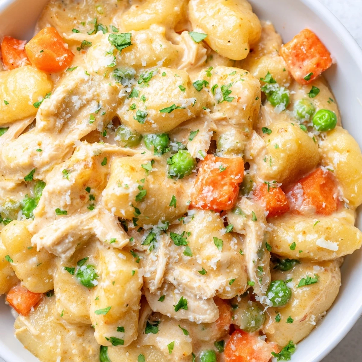Creamy one pot gnocchi chicken pot pie with tender vegetables in golden sauce