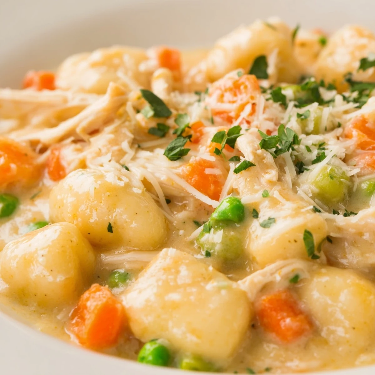 One pot gnocchi chicken pot pie topped with fresh parsley garnish