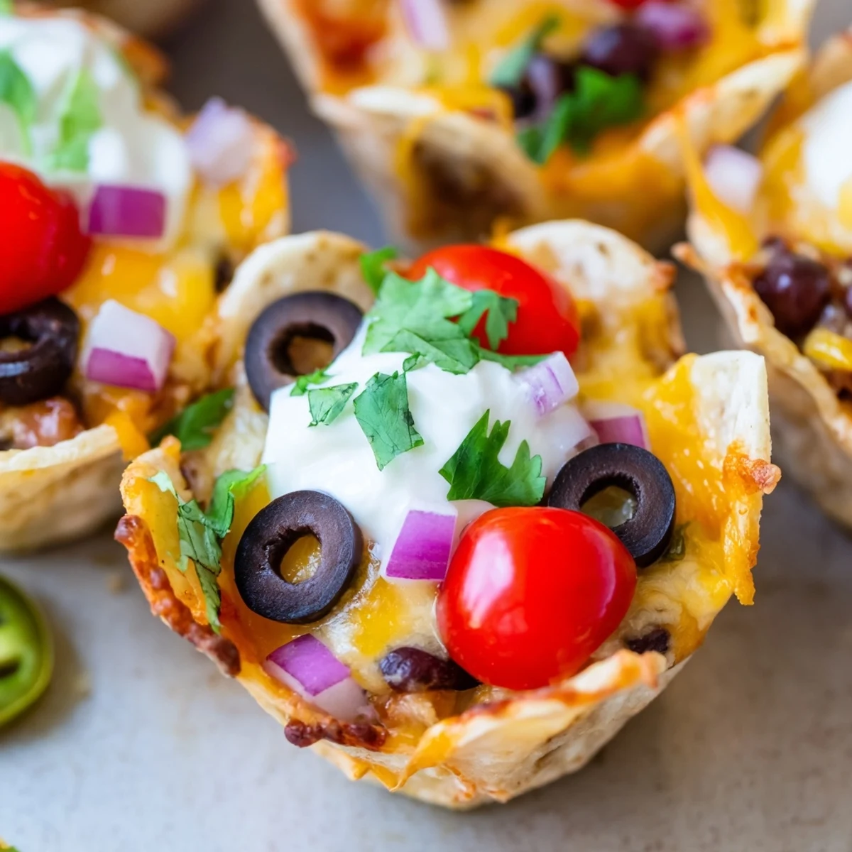 Golden cheesy nacho cups with melted cheddar, beans, and tomatoes in crispy tortilla shells