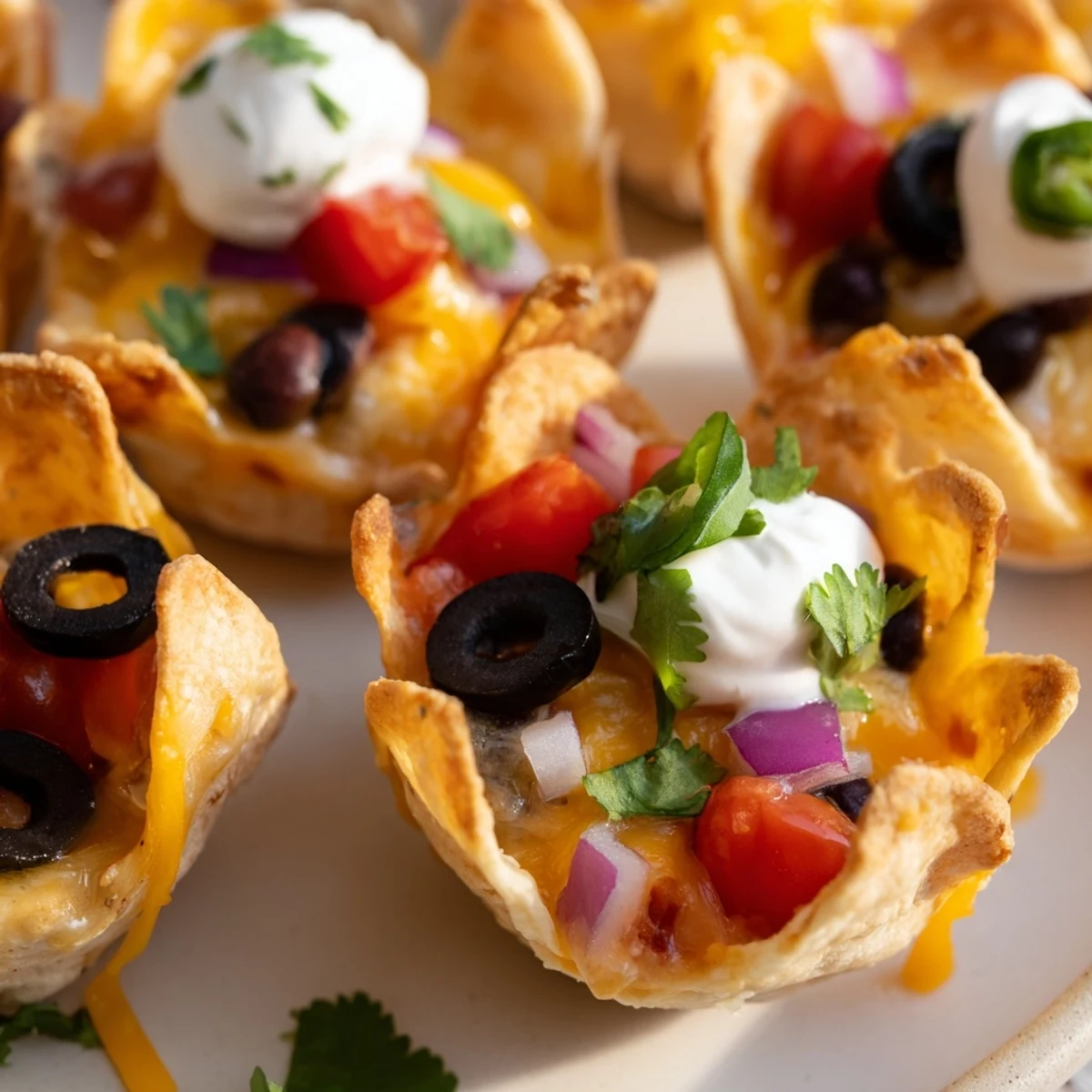 Mini tortilla cups overflowing with gooey cheese, black beans, and fresh colorful nacho toppings
