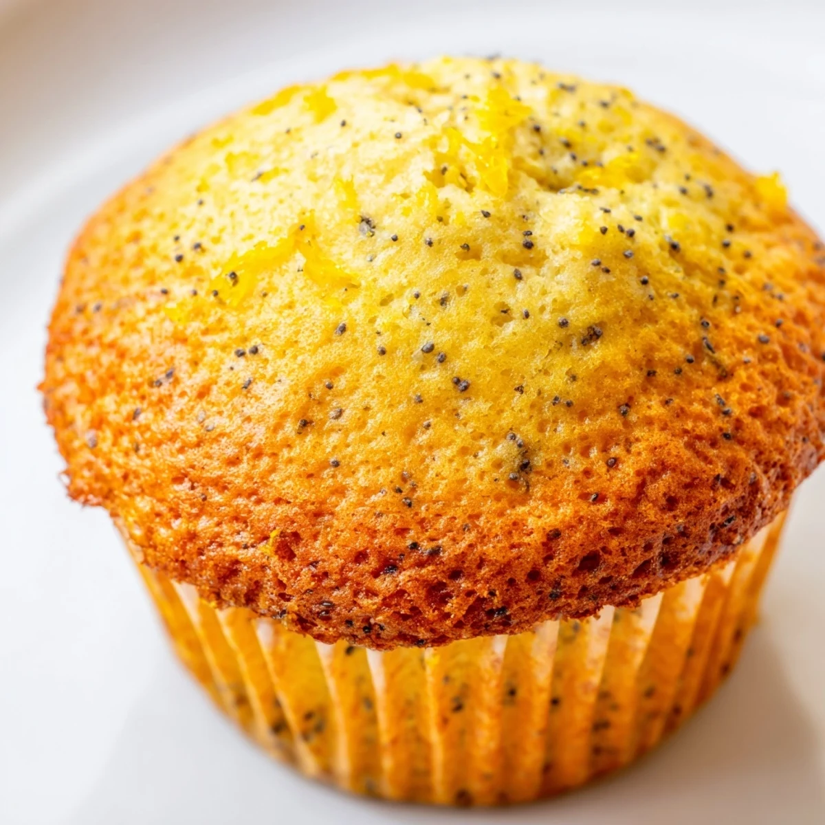 Golden lemon poppy seed muffins with domed tops fresh from the oven ready to serve